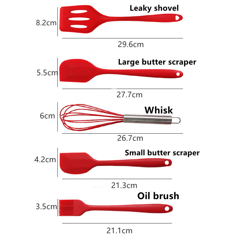 Penkių dalių silikoninis kepimo įrankių rinkinys, atsparus aukštai temperatūrai dideli ir maži sviesto grandikliai, alyvos šepetėlis kiaušinių plaktuvo nesandarus kastuvas