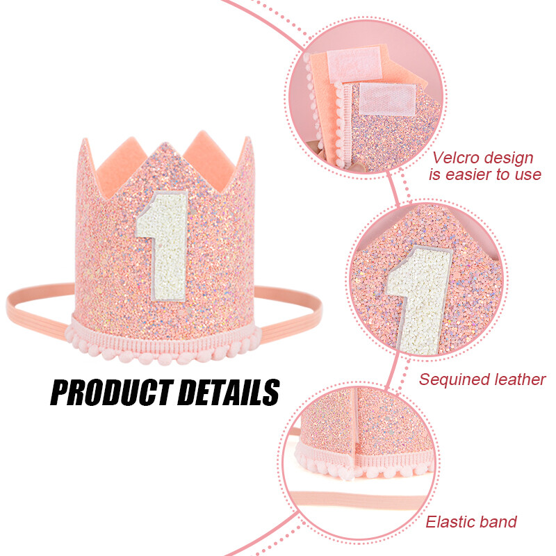 Rozā zelta rozā vienas dzimšanas dienas kronis, vienu gadu vecs bērna dzimšanas dienas uzmundrinājums ar kroni, viena galvas saite, cepure 1. bērnu zēnu meitenes ballītes dekors