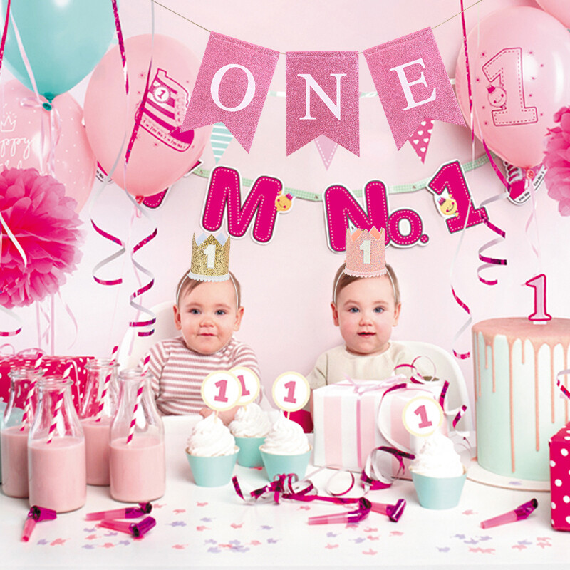 Rozā zelta rozā vienas dzimšanas dienas kronis, vienu gadu vecs bērna dzimšanas dienas uzmundrinājums ar kroni, viena galvas saite, cepure 1. bērnu zēnu meitenes ballītes dekors