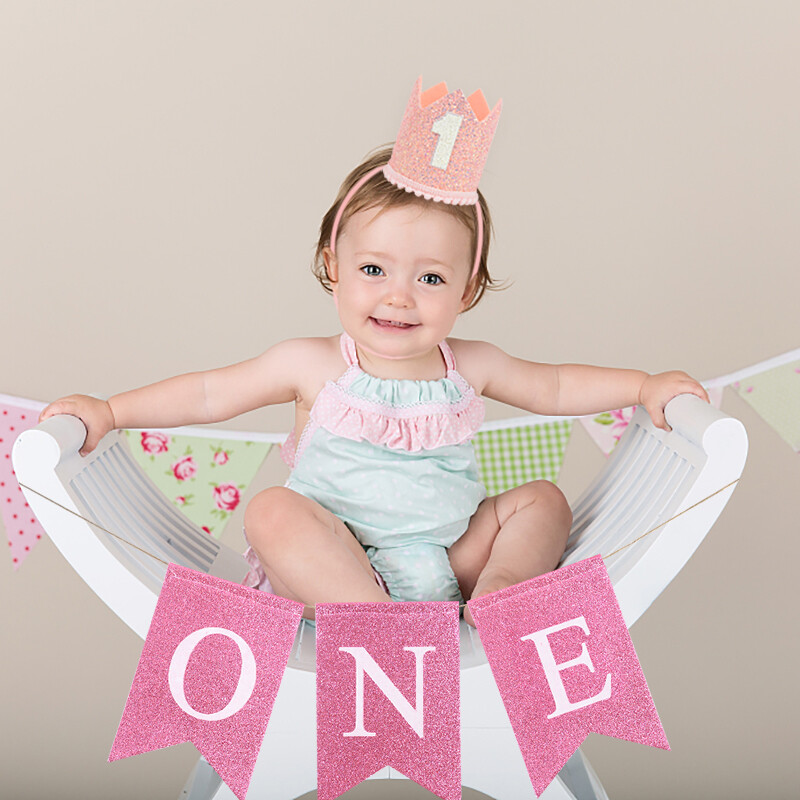 Rozā zelta rozā vienas dzimšanas dienas kronis, vienu gadu vecs bērna dzimšanas dienas uzmundrinājums ar kroni, viena galvas saite, cepure 1. bērnu zēnu meitenes ballītes dekors