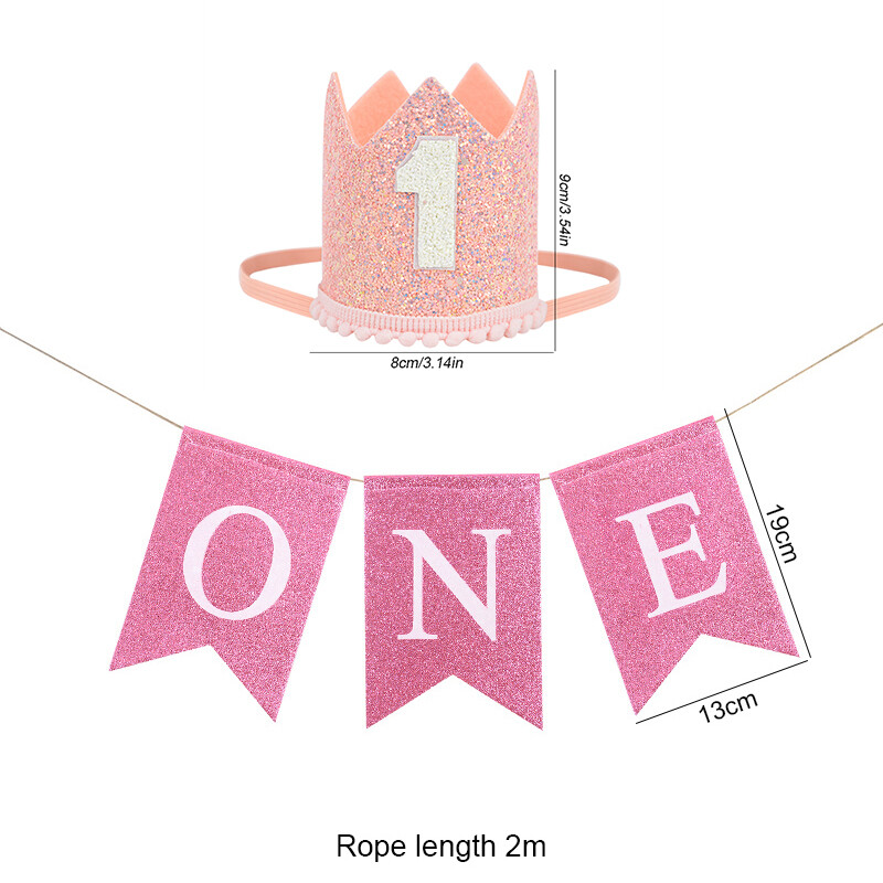 Rozā zelta rozā vienas dzimšanas dienas kronis, vienu gadu vecs bērna dzimšanas dienas uzmundrinājums ar kroni, viena galvas saite, cepure 1. bērnu zēnu meitenes ballītes dekors