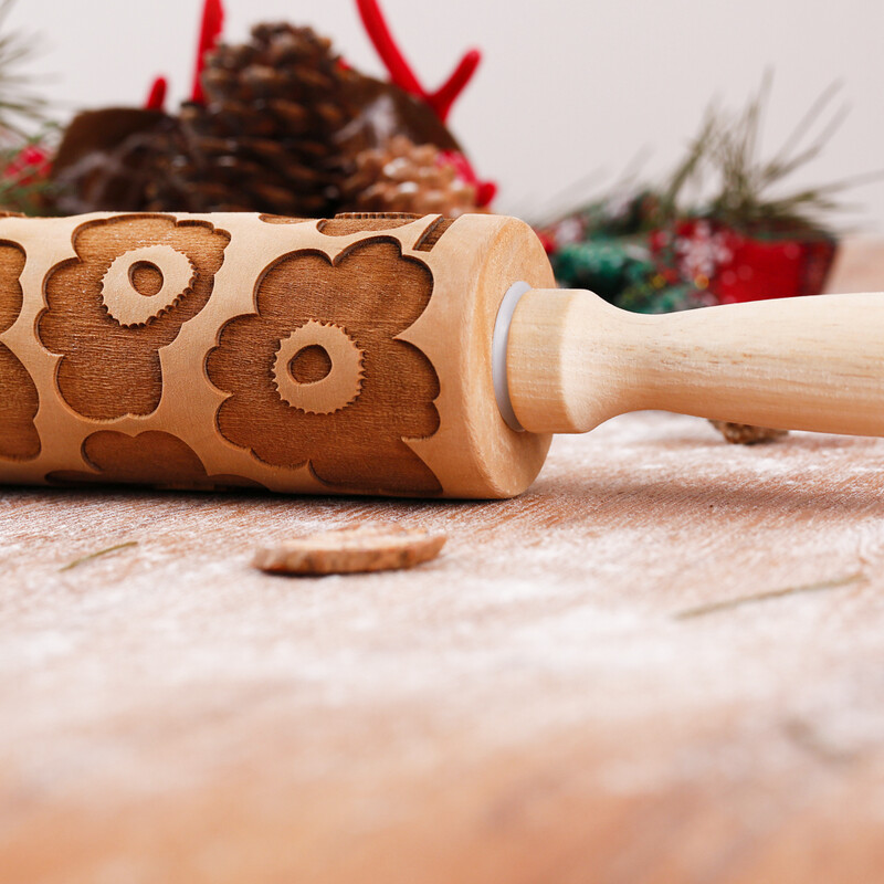 1 gab. 13,7 collu koka, lielas plūsmas reljefs rullītis virtuves konditorejas izstrādājumu cepšanas rīkiem, ziedu dziļi gravēšanas sīkdatņu zīmoga rīks