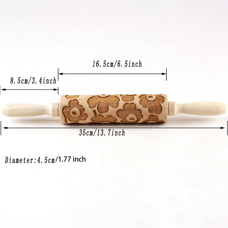 1 gab. 13,7 collu koka, lielas plūsmas reljefs rullītis virtuves konditorejas izstrādājumu cepšanas rīkiem, ziedu dziļi gravēšanas sīkdatņu zīmoga rīks