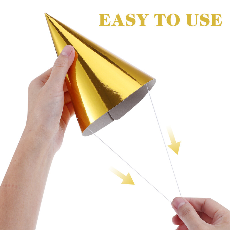 12 gab. Bērnu ballītes cepures konusa cepures cepures dzimšanas dienas krāsaini rotājumi, metālisks papīrs, dekoratīvie piederumi