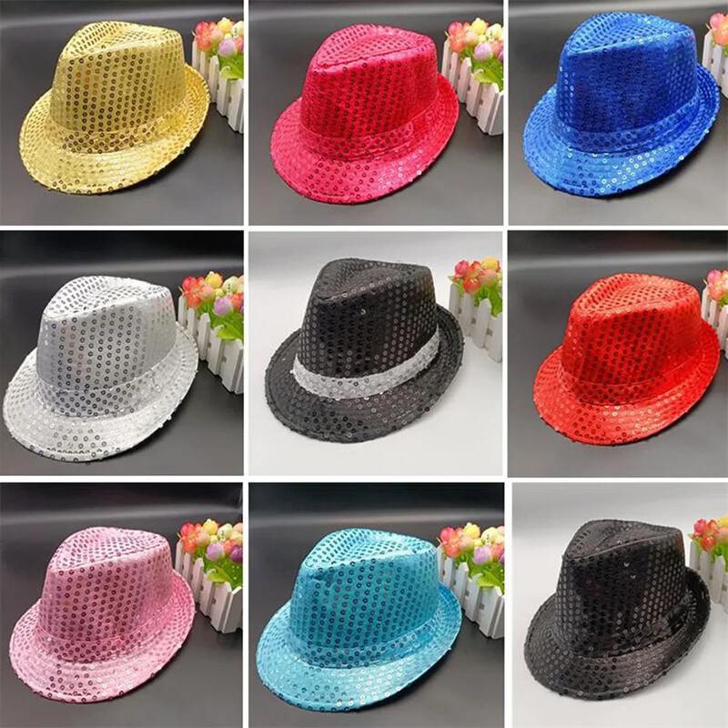 1 PC Jazz Hat Csillogó Flitter Cosplay Prop Performance Jelmez Hip Hop Singer Női Férfi Csillogó Gyöngyös Kalap Táncelőadás