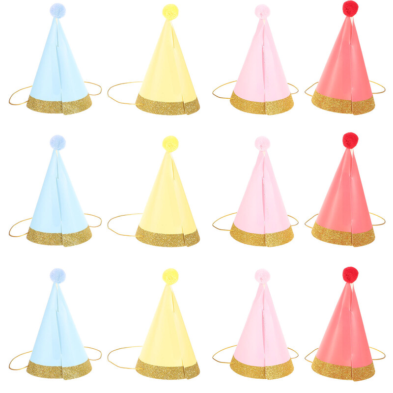 12db Kids Pom Pom Születésnapi Kalapok Kalapok Kalap Csillogó Party Golden Rim fotókellékek gyerekeknek (rózsaszín, piros, sárga,