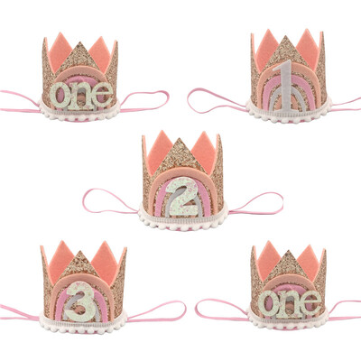 1Pcs Rainbow Number One 1 2 3 Year Честит рожден ден лента за глава Crown Hat Детско парти за 1-ви рожден ден Консумативи за декорация на лента за коса