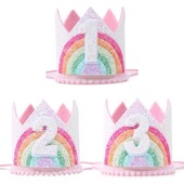 Szivárvány témájú születésnapi parti filc rózsaszín koronás baba 1 éves boldog születésnapot fejpántos sapka babazuhany egyszarvú parti kellékek
