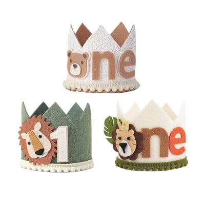 1Pcs Lion Teddy Bear Jednogodišnja Kruna Rođendanske Kape Dječji Crtići Životinje Jungle Sretan Rođendan Baby Shower Wild One Party Decor