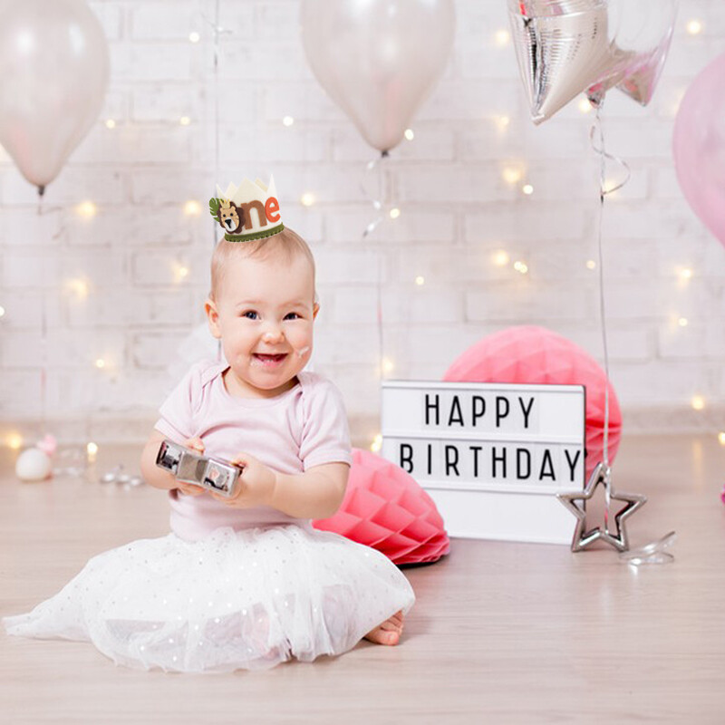 1db Oroszlán mackó egyéves korona születésnapi kalapok gyerekek rajzfilm állat dzsungel Boldog születésnapot baba zuhany Wild One Party dekoráció