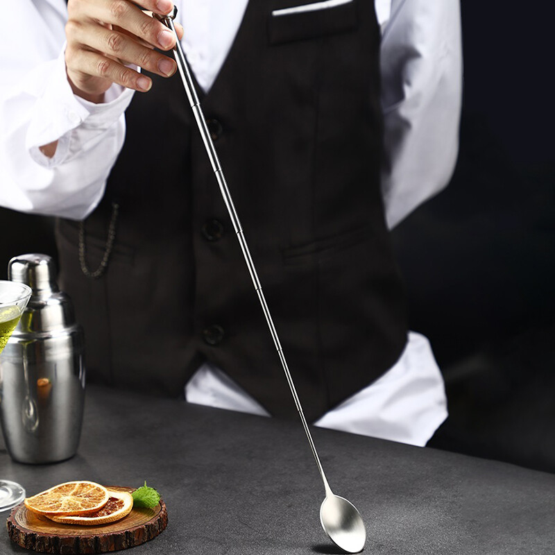 1db rozsdamentes acél visszahúzható kanál, hordozható keverőkanalak, rúd eszköz Bartender keverőkanál, kihúzható kanál kültéri evőeszköz