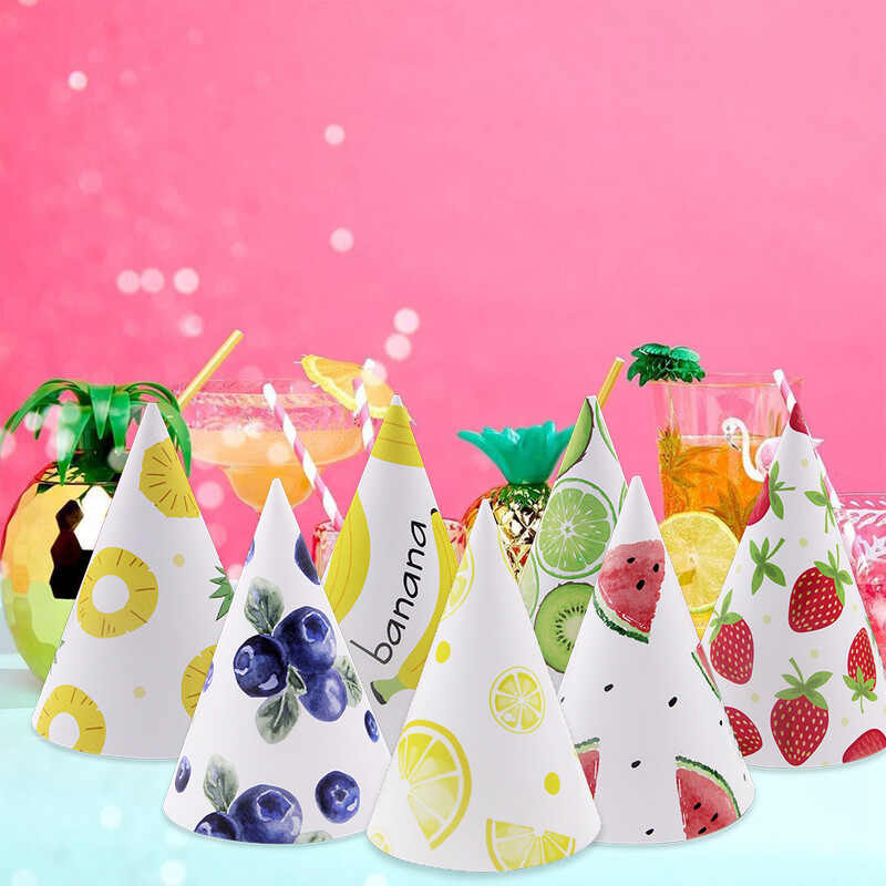 8db színes gyümölcssapka epres ananász papír sapka gyerekeknek nyári gyümölcsök témájú boldog születésnapi parti dekorációs kellék