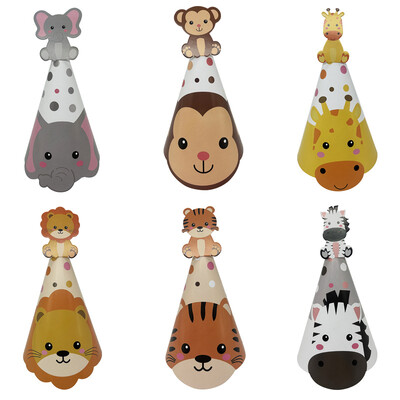 6db dzsungel állati papír sapka gyerekeknek születésnapi parti dekoráció babazuhany Wild One Safari tematikus party sapkák PhotoBooth kellékek