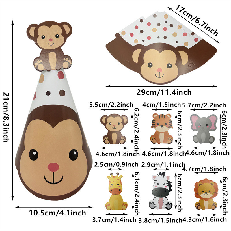 6db dzsungel állati papír sapka gyerekeknek születésnapi parti dekoráció babazuhany Wild One Safari tematikus party sapkák PhotoBooth kellékek