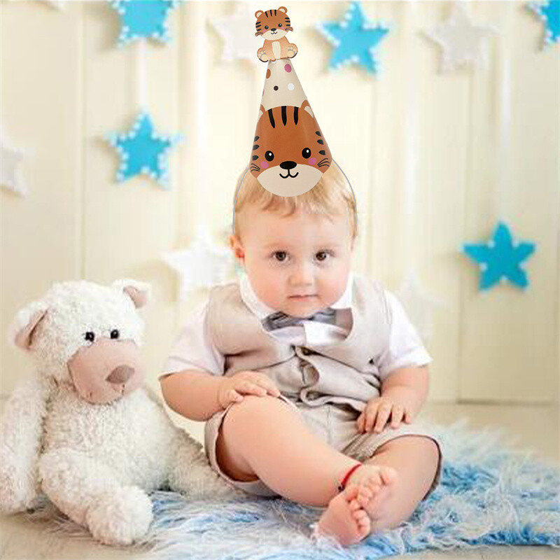 6db dzsungel állati papír sapka gyerekeknek születésnapi parti dekoráció babazuhany Wild One Safari tematikus party sapkák PhotoBooth kellékek