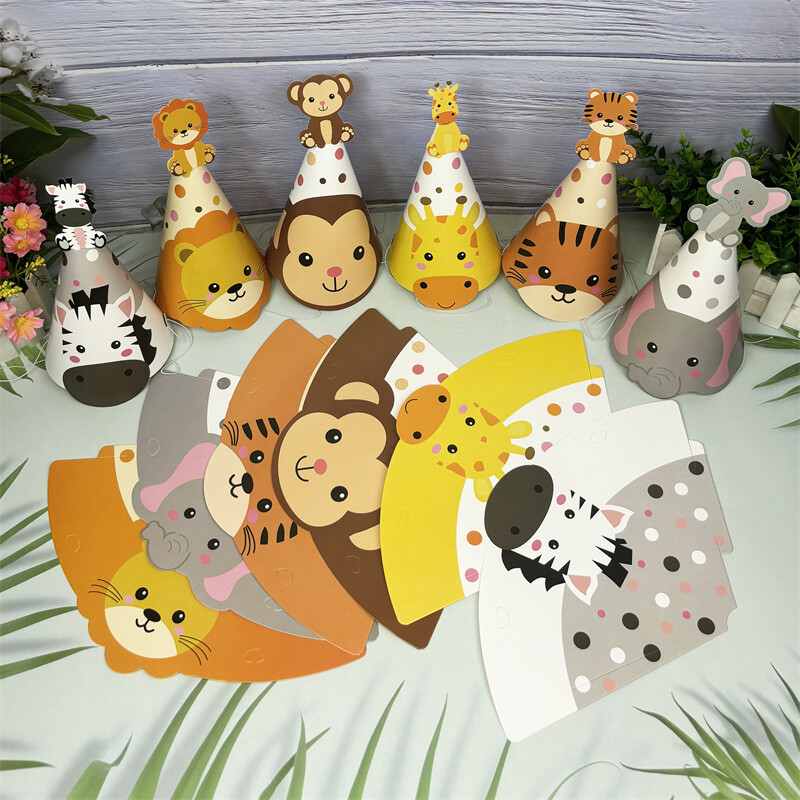 6db dzsungel állati papír sapka gyerekeknek születésnapi parti dekoráció babazuhany Wild One Safari tematikus party sapkák PhotoBooth kellékek