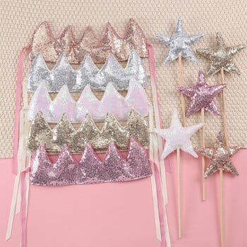 Baby Shower Girl Glitter Pink Crown Birthday Party Шапки Сценично представление Лента за глава Star Fairy Stick Princess Cosplay Prop