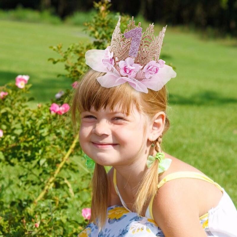 1vnt 1 Gimtadienio kepuraitė Gėlių karūna 1-ojo gimtadienio kepurė Naujagimio gimtadienio galvos juostelė 1 metų gimtadienio vakarėlio papuošimai