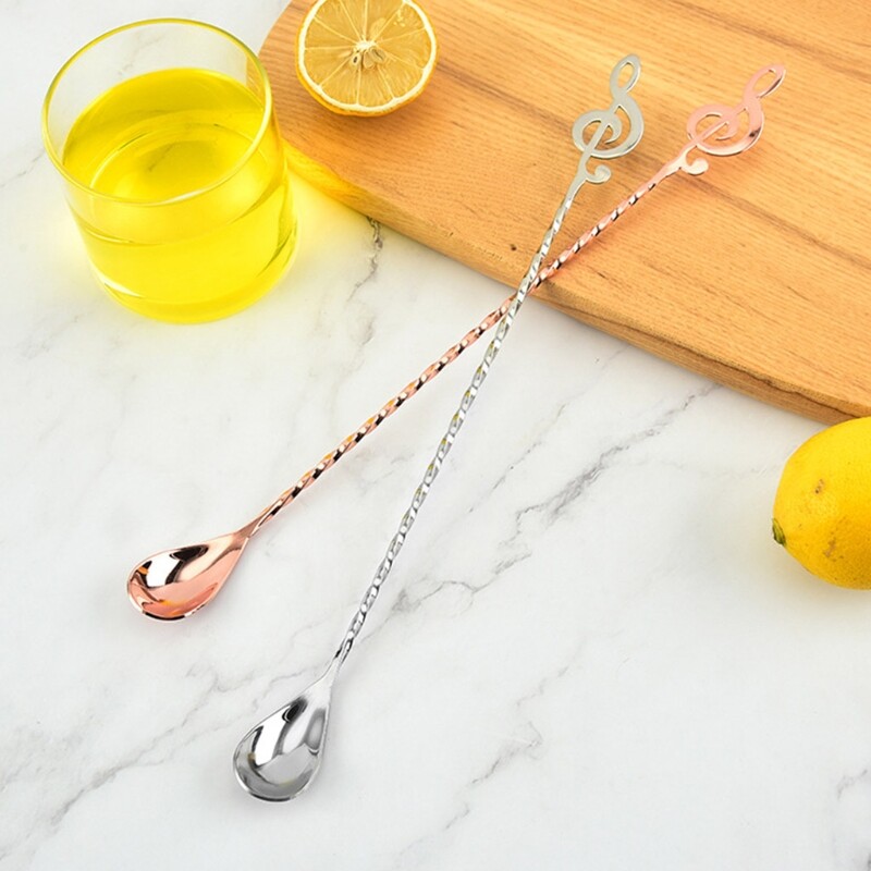 Baro šaukštas nerūdijančio plieno medžiagos kokteilių šaukštas su ilga rankena su muzikine nata galvutei, šaukštas maišomas S