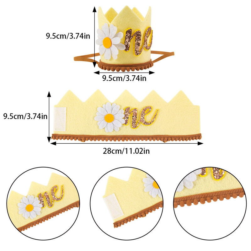 1 gab Daisy Filca Crown Baby 1. dzimšanas dienas galvassegas, pavasara bērnu viena gada dzimšanas dienas cepure, maza margrietiņas ziedu galvassega fotorekvizīti