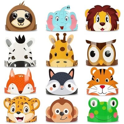 12 бр. Jungle Animals Hat лента за глава Jungle Safari Lion Giraffe Elephant Children Birthday Party Crown Hat Jungle Party Game Шапки