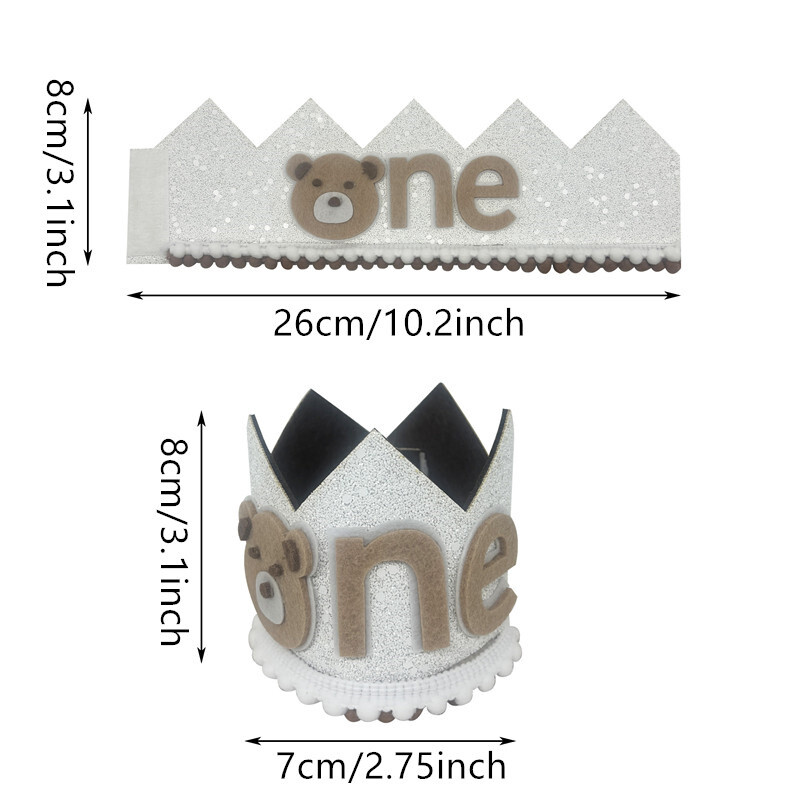 1 vnt. meškiukas 1 metų gimtadienio karūnos galvos apdangalas berniukui, mergaitei 1-ojo gimtadienio vakarėliui, kepuraitėms vaikams, pirmojo jubiliejaus vakarėliams