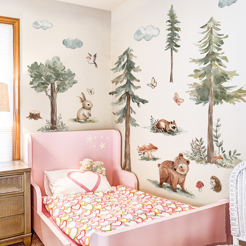 MS6430-ZY jaunas ins multfilmas mežs jauks mazs dzīvnieks sienu uzlīmes guļamistaba viesistabas dekorēšana gudrs stila fons