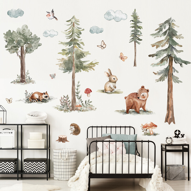 MS6430-ZY jaunas ins multfilmas mežs jauks mazs dzīvnieks sienu uzlīmes guļamistaba viesistabas dekorēšana gudrs stila fons