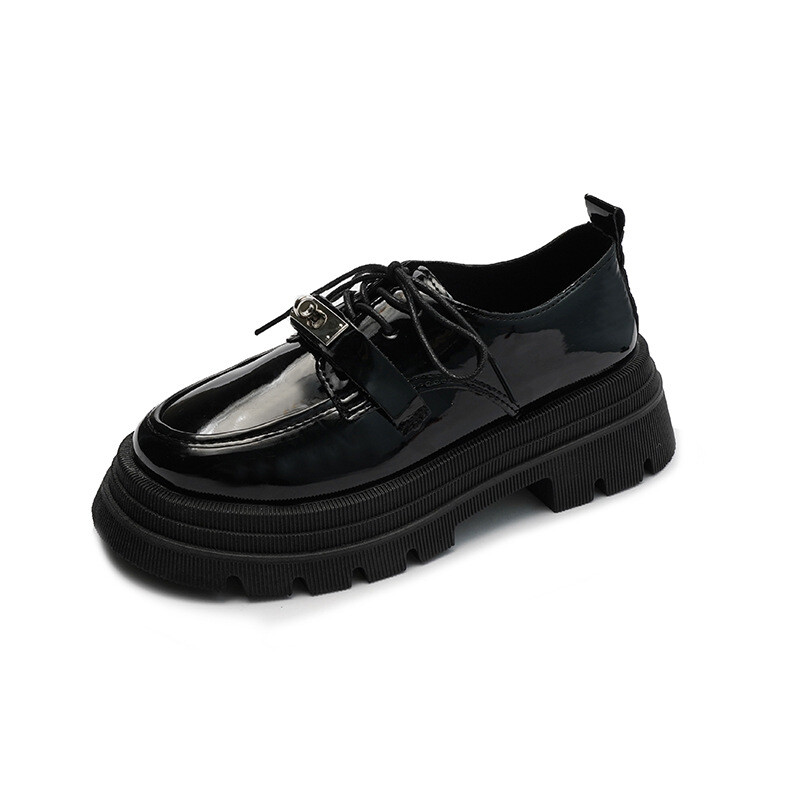 Melnas, biezas zoles kurpes sievietēm rudens ziema jauna stila 2024jk britu stila mežģīņu platformas kurpes ar svārkiem un ādas apaviem