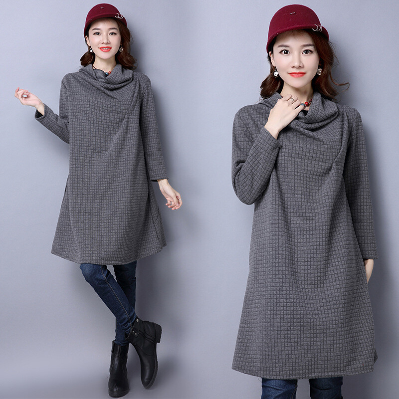 Primăvară și toamnă 2024, stil coreean, mai mari, pentru femei, cu guler gros, cu lungime medie, rochie lejeră, subțire, cu mânecă lungă