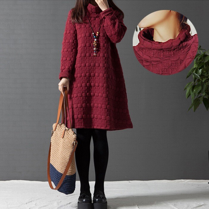 2024 m. pavasario naujoji korėjietiško stiliaus didelio dydžio moteriška suknelė ilgomis rankovėmis su aukšta apykakle, paminkštintu pamušalu, stora apačia