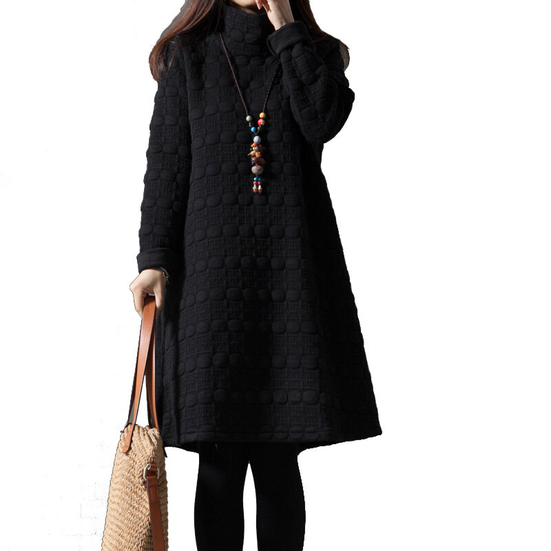 2024 m. pavasario naujoji korėjietiško stiliaus didelio dydžio moteriška suknelė ilgomis rankovėmis su aukšta apykakle, paminkštintu pamušalu, stora apačia