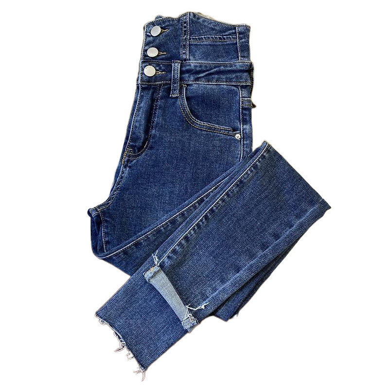 Sieviešu vasaras tumši zila Super augsta jostasvieta Džinsi Modes vēders novājēšanu Trīs rindu novājēšanu ar augstu jostasvietu legingi Modes bikses