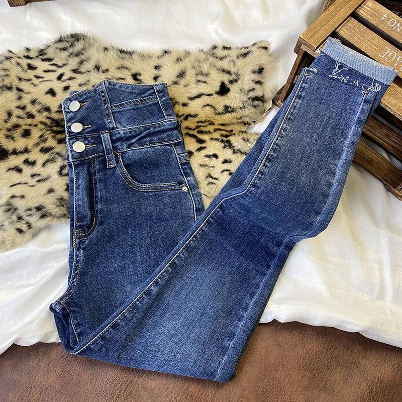 Sieviešu vasaras tumši zila Super augsta jostasvieta Džinsi Modes vēders novājēšanu Trīs rindu novājēšanu ar augstu jostasvietu legingi Modes bikses