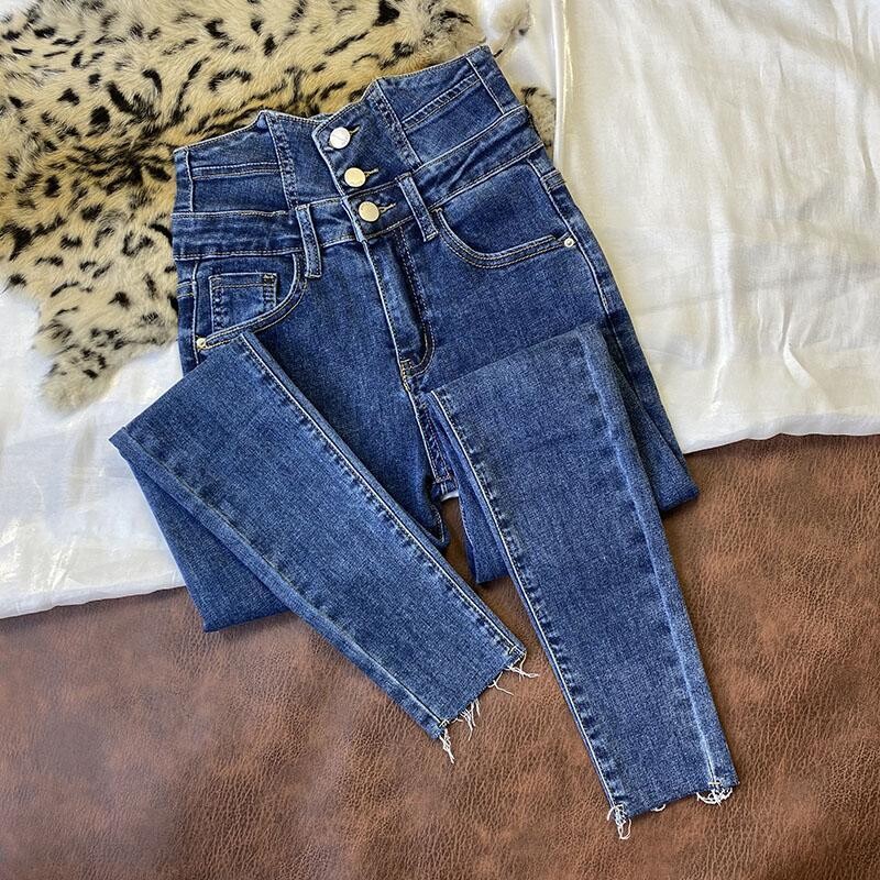 Sieviešu vasaras tumši zila Super augsta jostasvieta Džinsi Modes vēders novājēšanu Trīs rindu novājēšanu ar augstu jostasvietu legingi Modes bikses