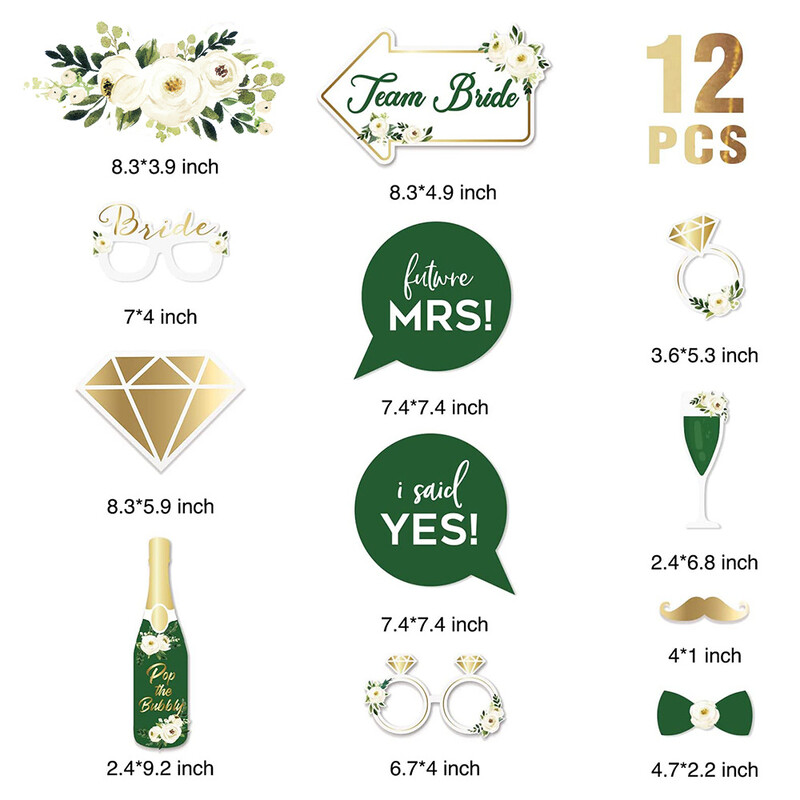 12 DB Bride To Be Bride Bride Zöld melegen hengerelt gyémánt esküvői fotózási kellékek Papír szórakoztató fotózási kellékek