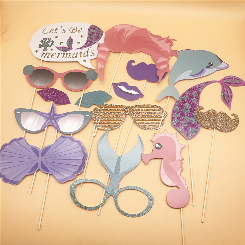 26 db Mermaid Party papír kézi fotófülke kellékek Babazuhany a tenger alatt téma Lány sellő születésnapi parti esküvői kellék