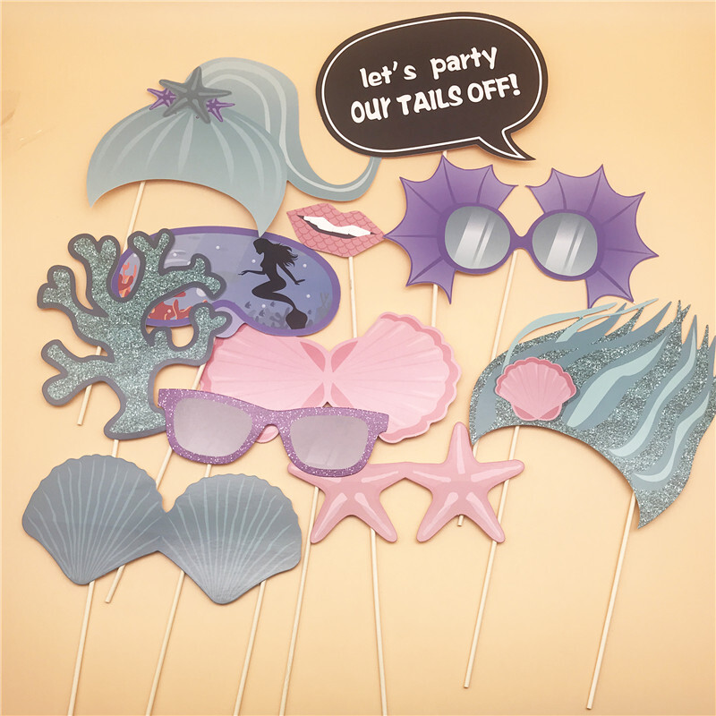 26 db Mermaid Party papír kézi fotófülke kellékek Babazuhany a tenger alatt téma Lány sellő születésnapi parti esküvői kellék