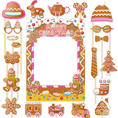 Karácsonyi Photo Booth kellékek DIY Gingerbread Man House szelfi Kép Photo Booth keret karácsonyi partik kedvencei játékok gyerekeknek felnőtteknek