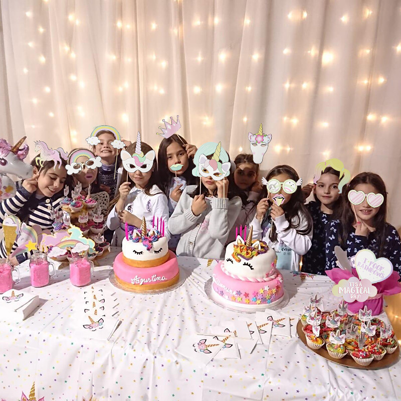 29db/készlet Tematikus Party Unikornis Photo Booth Karton szemüveg Korona Paróka Unikornis Maszk DIY Születésnapi Babazuhany Photobooth kellékek
