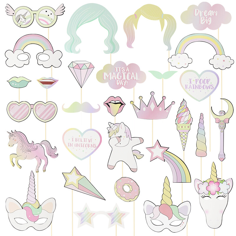 29db/készlet Tematikus Party Unikornis Photo Booth Karton szemüveg Korona Paróka Unikornis Maszk DIY Születésnapi Babazuhany Photobooth kellékek