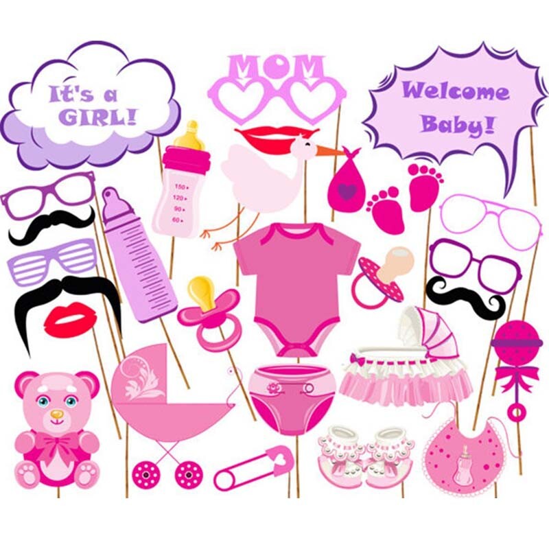 27 db Babazuhany dekoráció Újszülött Fiú Lány Photo Booth kellékek Születésnapi Kék Rózsaszín Keresztelő PhotoBooth Party kellékek