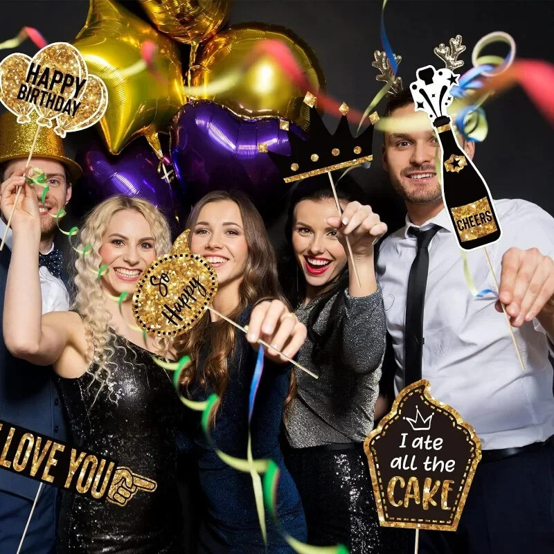 36 DB Szórakoztató fekete arany papír fotózási kellékek Születésnapi parti dekoráció Dekorációs buli Születésnapi buli fotózási kellékei
