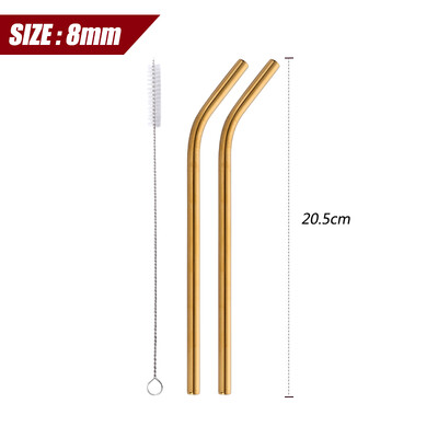 304 nerūdijančio plieno tiesus išlenktas metalinis šiaudelis su šepetėliu, vaisių sulčių gėrimų indas, baro vakarėlis, 2 vnt., 8 mm