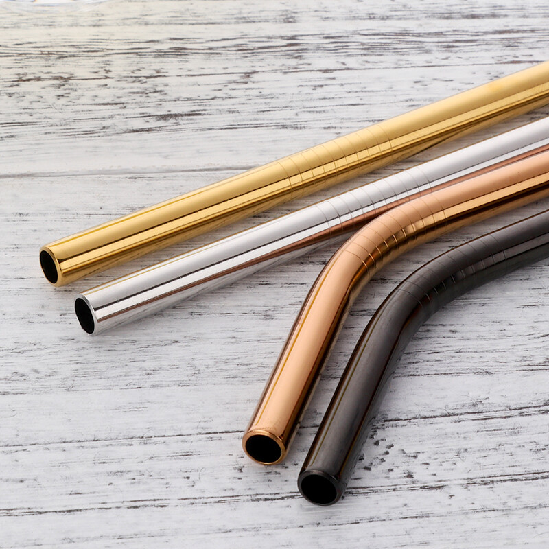 304 nerūdijančio plieno tiesus išlenktas metalinis šiaudelis su šepetėliu, vaisių sulčių gėrimų indas, baro vakarėlis, 2 vnt., 8 mm