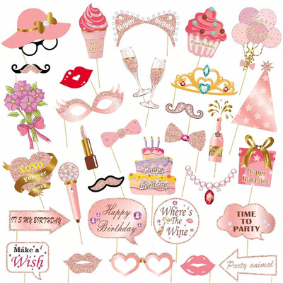 1 szett boldog születésnapot fotófülke kellékei Rózsaarany szelfi kellék bottal, vicces fényképező felirattal a születésnapi parti kellékekhez