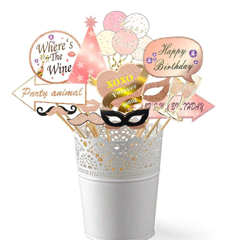 1 szett boldog születésnapot fotófülke kellékei Rózsaarany szelfi kellék bottal, vicces fényképező felirattal a születésnapi parti kellékekhez