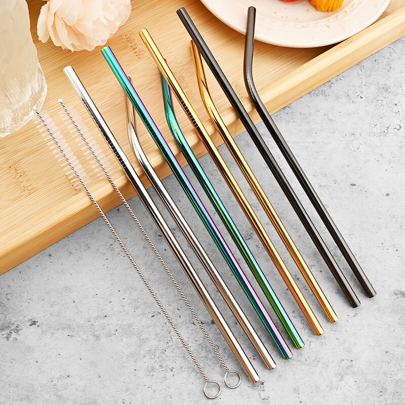 4/8 vnt. daugkartinio naudojimo sidabro šiaudelių rinkinys 304 nerūdijančio plieno šiaudų tiesus išlenktas geriamasis šiaudelis su valymo šepetėliu namų baro priedas