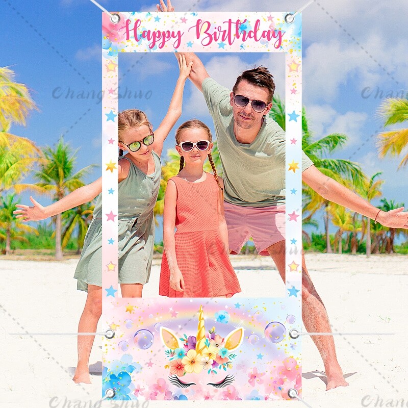 Egyszarvú témájú fotófülke kellékek keret Gyerekek 1. születésnapi parti dekorációja lövöldözős háttér kellékei esküvői babazuhany dekorációs kellékek