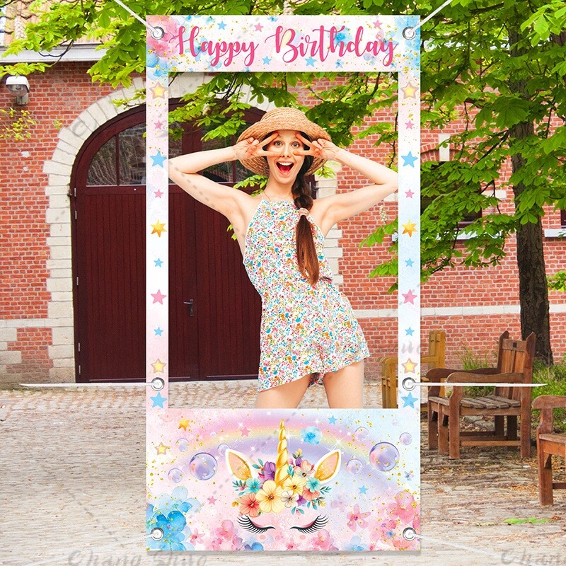 Egyszarvú témájú fotófülke kellékek keret Gyerekek 1. születésnapi parti dekorációja lövöldözős háttér kellékei esküvői babazuhany dekorációs kellékek